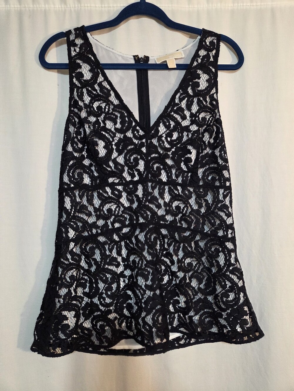 Michael Kors Size Lg Black Lace V-Neck Tank Lined Zippered Back Flared Bottom